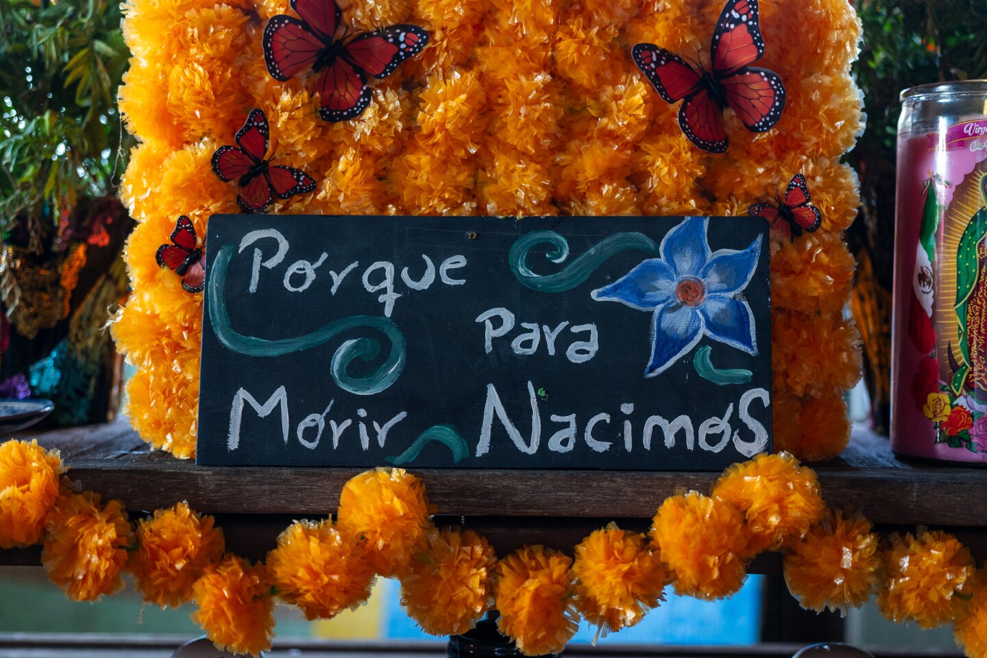 A sign that says, in Spanish, "Porque para morir nacimos," or "Because to die, we were born," is decorated with plastic marigold flowers and butterflies decorates an altar at the Sherman Heights Community Center in San Diego on Oct. 17, 2023.