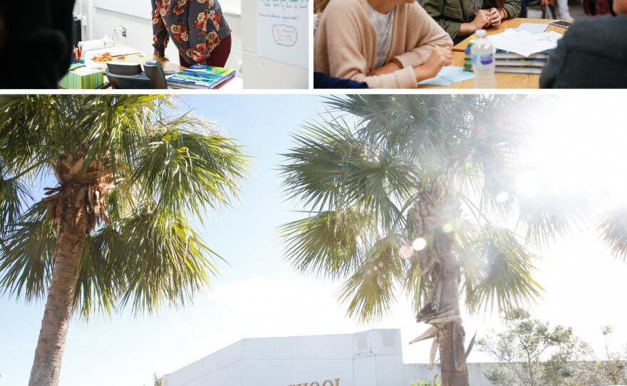 (Top left) Spanish teacher Johanna Lopez. (Top right) Yerianne Roldán, 17, in class at Colonial High School. (Bottom) Colonial High School in Orlando  has already enrolled nearly 100 students from Puerto Rico and the Virgin Islands.