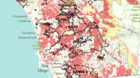 This color-coded fire hazard map of San Diego County shows very high fire risk areas in red.