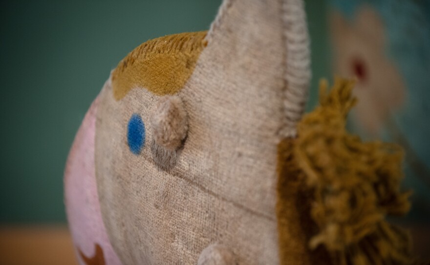 A detail of Maryam Bayat's horse sculpture, fashioned from a repurposed Persian rug, is shown on March 9, 2026.