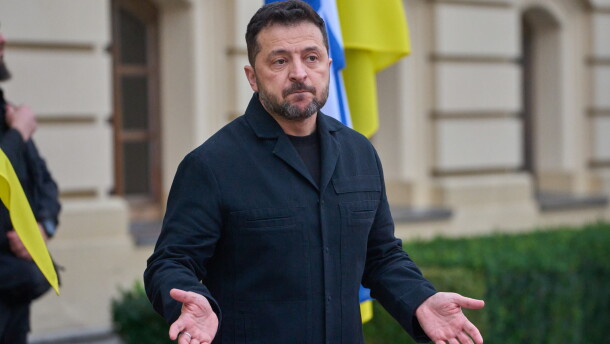 Ukraine's President Volodymyr Zelenskyy answers media questions before his meeting with Finnish Prime Minister Petteri Orpo in Kyiv, Ukraine, on Thursday.