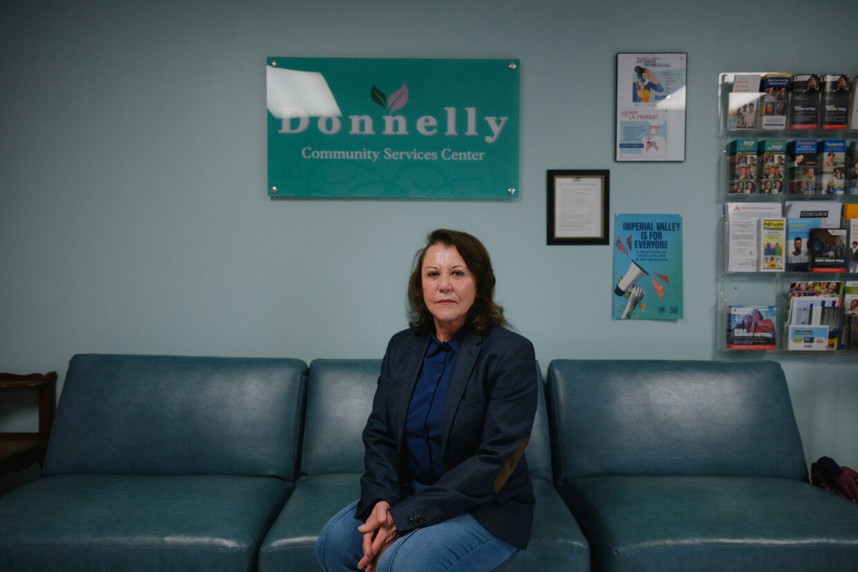 Rosa Diaz, the founder the Imperial Valley LGBT Resource Center, sits for a portrait at the center in El Centro, California on February 7, 2025. Diaz and other leaders recently rebranded the organization as the Donnelly Community Services Center, a decision that other LGBTQ+ advocates criticized as a move to distance the center from the cause of transgender rights.