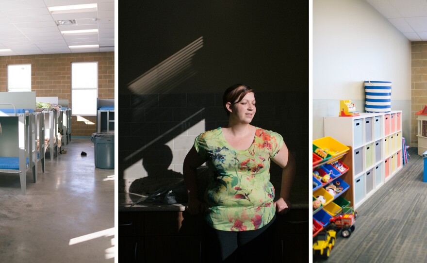 (Left) The dormitory area at The Road Home Community Winter Shelter. (Center) Carter was evicted after she quit her job when her work hours changed to the evenings and she couldn't afford child care. (Right) A view of the children's play area.