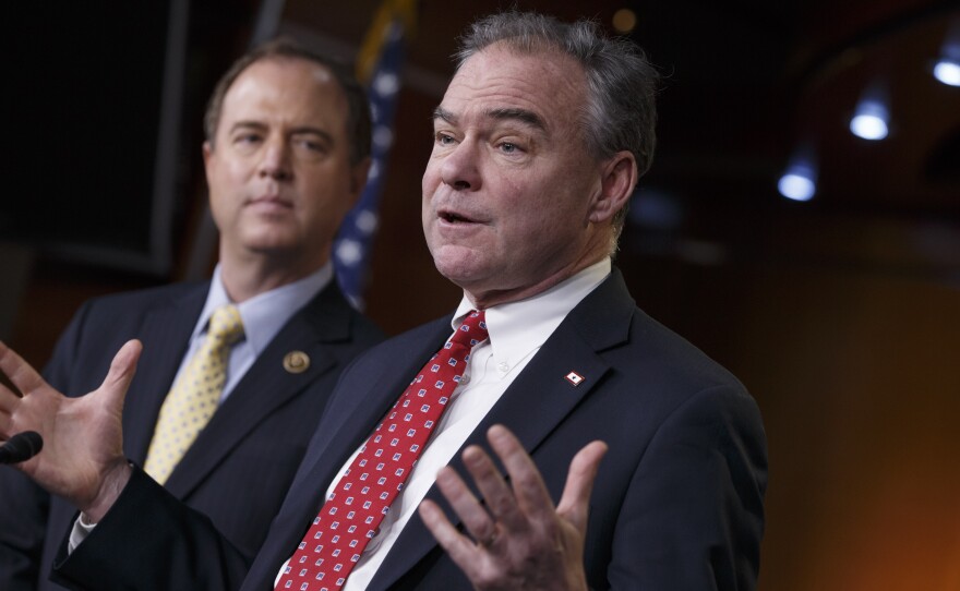 Rep. Adam Schiff (left) and Sen. Tim Kaine, both Democrats, discuss President Obama's request to authorize military force against Islamic State. Kaine supports the president's request but has also said he's concerned about the "breadth and vagueness of the U.S. ground troop language."