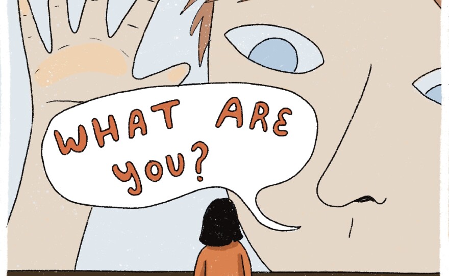 A large white person looks at young Dabin who is in a glass container with some leaves on the bottom. The person asks "What are you?" It was never anything I actually thought about — I didn't want to think about the way other people saw me... You know what I mean?