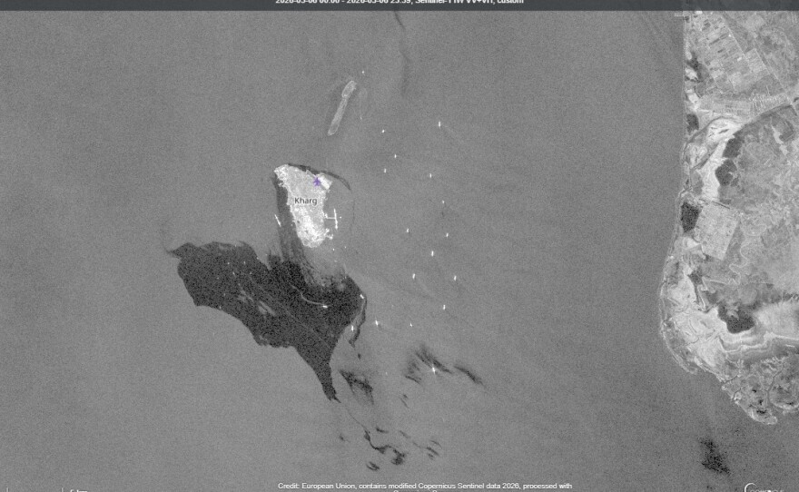 This satellite image provided by European Space Agency shows an apparent oil spill in the Persian Gulf off the western side of Kharg Island, Iran's main crude oil export terminal, on Wednesday.