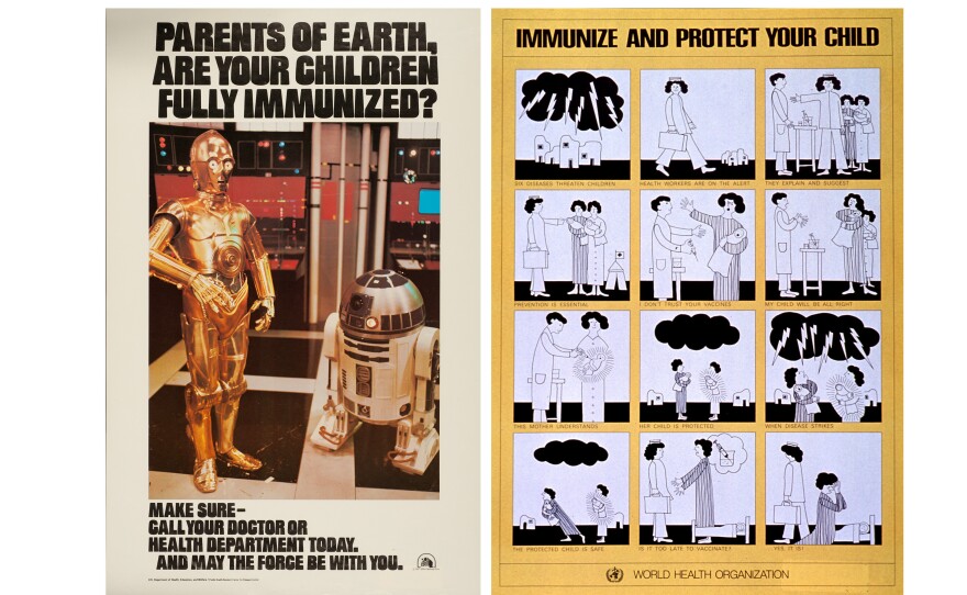 The Centers for Disease Control released the Star Wars poster in 1977. In the grim poster at right, from the World Health Organization, lightning bolts symbolize childhood diseases. One mother vaccinated her child. The other did not; her child dies of a preventable disease.