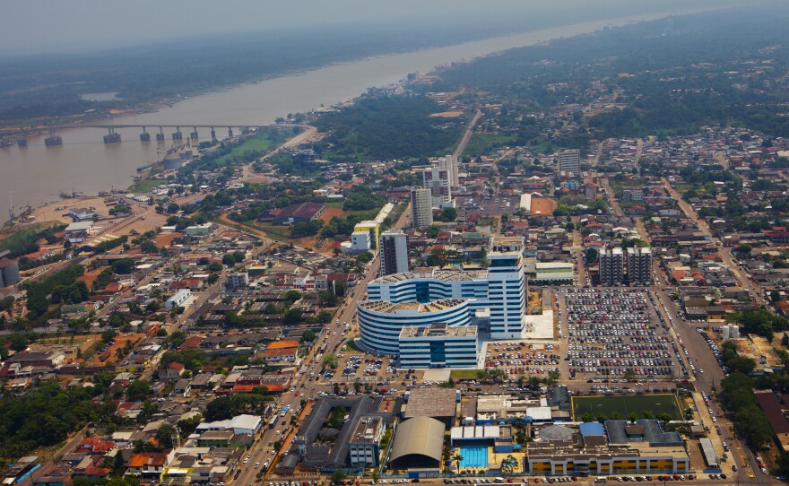 Porto Velho is the capital of the western Brazilian state of Rondonia. The gray buildings in the center of the photo are government offices built when Ivo Cassol was the governor. They spell out his initials, "IC."