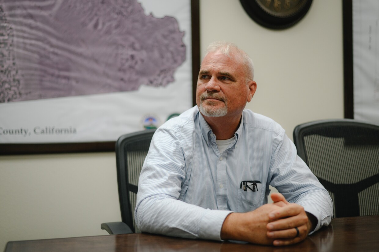Imperial County Supervisor Ryan Kelley sits for a portrait at the county administration building in El Centro, California on September 26, 2024. Kelley voted to approve the county’s current lithium spending plan.