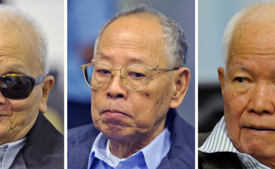The three former Khmer Rouge leaders who went on trial Monday in the Cambodian capital Phnom Penh, from left to right: Nuon Chea, the Khmer Rouge's former chief ideologist, Ieng Sary, former foreign minister, and Khieu Samphan, former head of state.