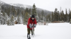 Frank Gehrke, chief of the California Cooperative Snow Surveys Program for the Department of Water Resources, plunges the survey tube into the snowpack as he conducts the first snow survey of the season at Phillips Station near Echo Summit, Calif, Jan. 3, 2017. 