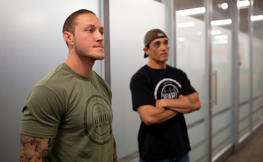 Michael Owen (left) and Brent Olds, who both served in the Marines, are shown on Oct. 12, 2018. They run VETality Corp., a nonprofit dedicated to employing veterans, and noticed security lapses at the shipyards while fishing on San Diego Bay in 2016.