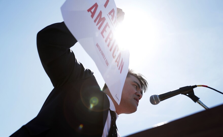 Jose Antonio Vargas, pictured at a rally in front of the U.S. Supreme Court in 2016, has written a memoir of his life as an undocumented immigrant in <em>Dear America.</em>