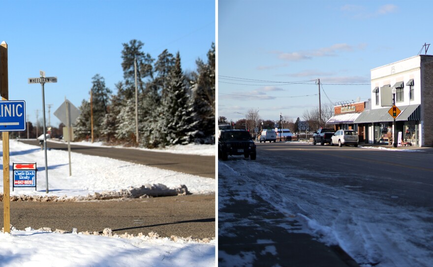 Left: A sign points the way to the Necedah Family Medical Center. Right: Downtown Necedah, Wis.