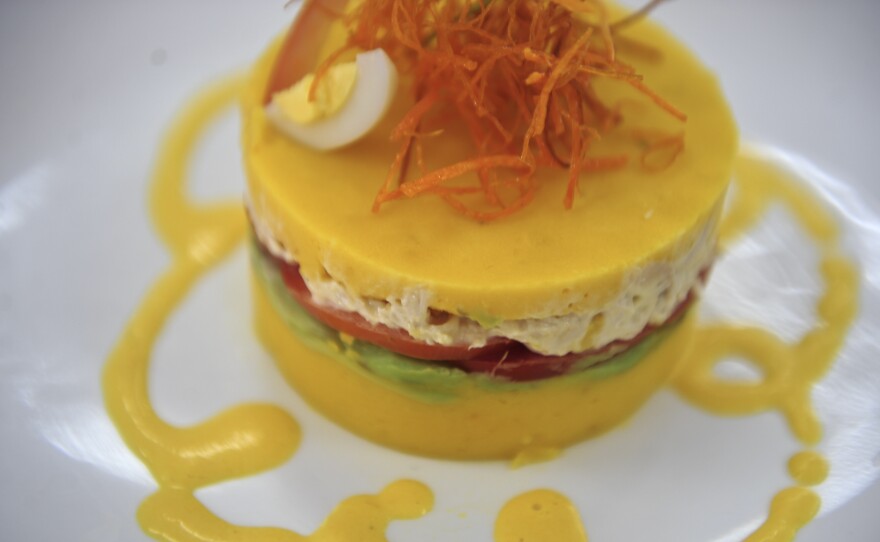 Causa is a traditional Peruvian dish of potatoes stuffed with chicken. This one was cooked at a culinary institute in Lima, Peru, but a version may soon be appearing on a plate near you, thanks in part to a push by Peru's government to promote the national cuisine.