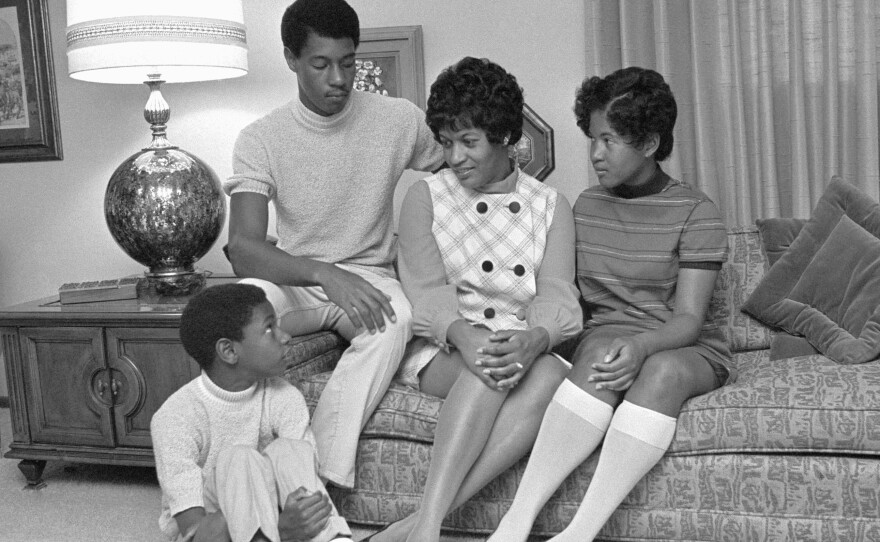 After Medgar Evers was murdered, his wife Myrlie Evers carried on his work. This photo shows Myrlie and her children, Van, 9; Darrell, 16; and Rena, 14, in June 1969 in their Claremont, Calif. home.