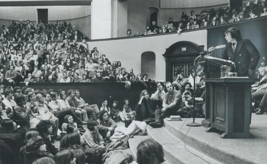 Playwright Edward Albee — whose works included <em>The Zoo Story, The Sandbox</em> and <em>Who's Afraid of Virginia Woolf?</em> — has died. Above, he speaks to a packed house at the University of Toronto in 1971.