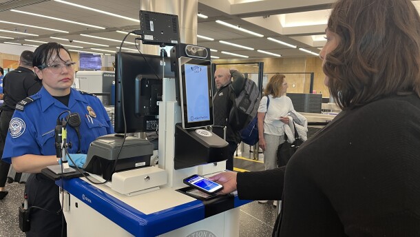 Traveler using the upgraded Credential Authentication Technology at the Transportation Security Administration (TSA) at San Diego International Airport on March 13, 