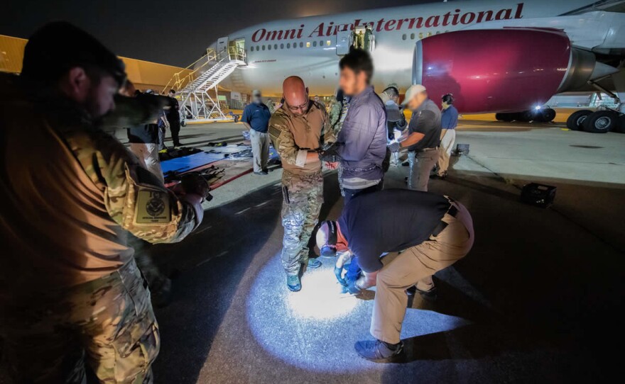 One of the 37 Cambodian nationals being prepared for the flight to Cambodia aboard Ice Air Operations in Dallas, Texas on July 1, 2019.