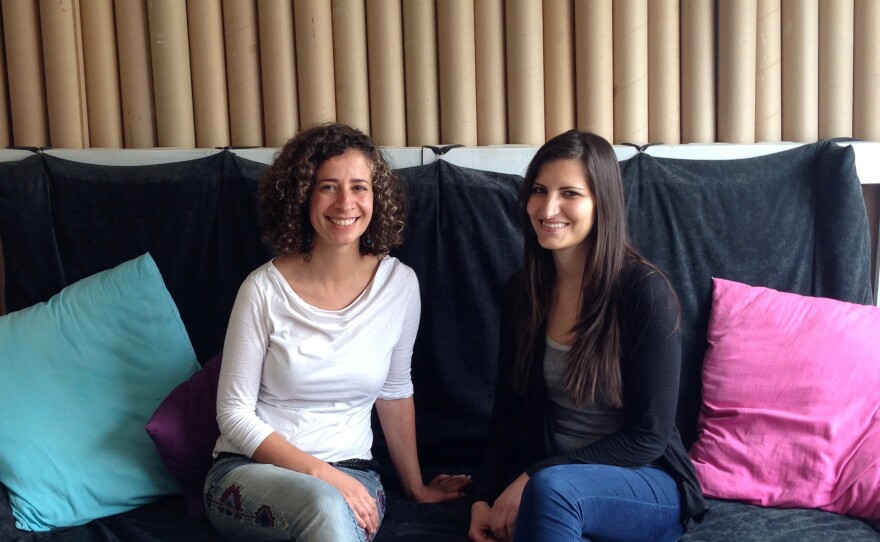 Architects Danna Massad (left) and Lina Saleh make furniture out of recycled material, like these cardboard tubes, for products that are eco-friendly and locally sourced.