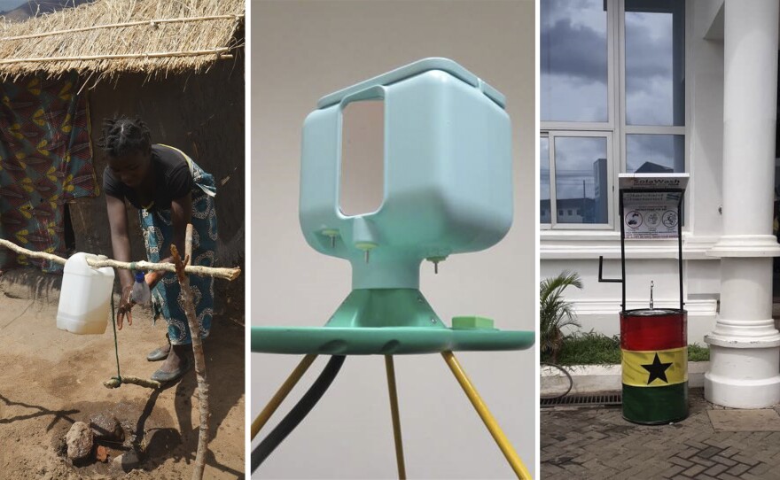 (Left to right) Tippy Tap, Oxfam hand-washing station and SolaWash