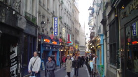 A small street in the Latin Quarter with bistros and restaurants, Paris, 2003.