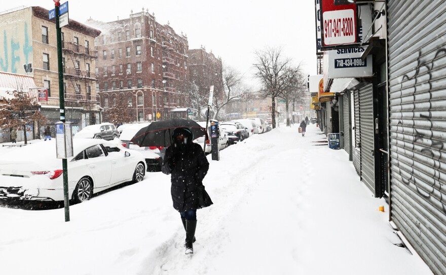 A massive winter storm is bringing heavy snowfall and strong winds to neighborhoods across the Northeast, like this one in Brooklyn, New York.