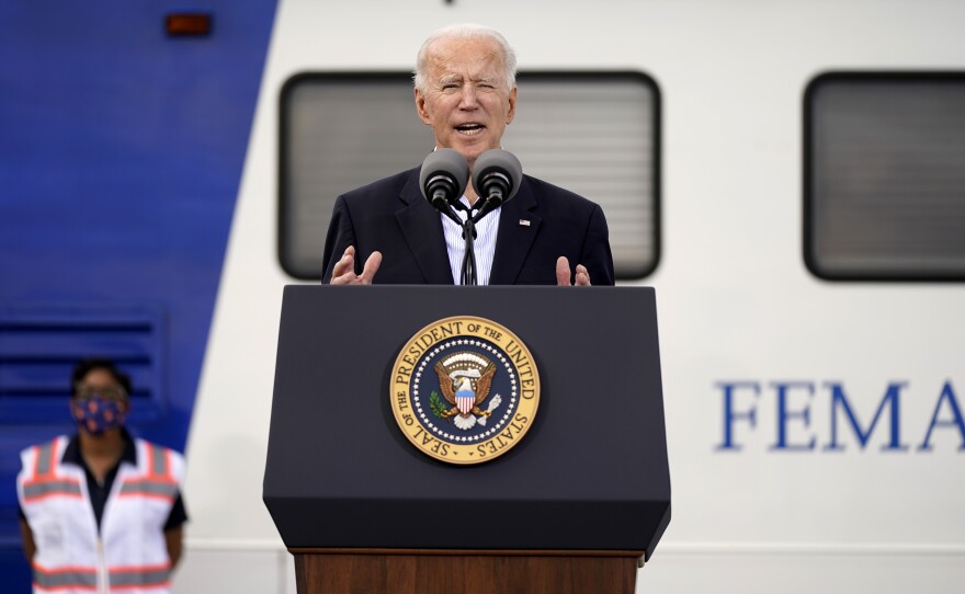 President Biden speaks at a FEMA COVID-19 mass vaccination site in Houston in February.