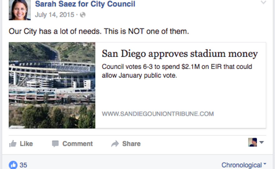 A Facebook post dated July 14, 2016, is shown detailing San Diego City Council District 9 candidate Sarah Saez's opposition to using public funds for a Chargers stadium environmental review.