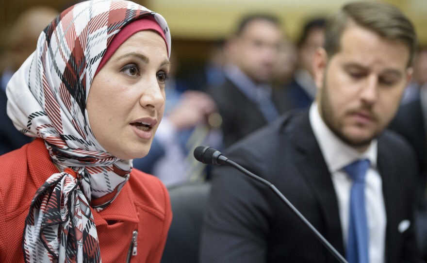 Sarah Hekmati's brother, Amir Hekmati, was born in the U.S. and went to Iran for the first time in 2011 to visit their grandmother. He has been held in Iran since then, charged with espionage. Here, Sarah Hekmati speaks at Tuesday's House committee hearing as Daniel Levinson, son of an American who went missing in Iran, listens.