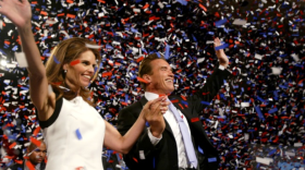 Republican Arnold Schwarzenegger is joined by wife Maria Shriver as he celebrates his victory in the California gubernatorial recall election on Oct. 7, 2003, in Los Angeles.