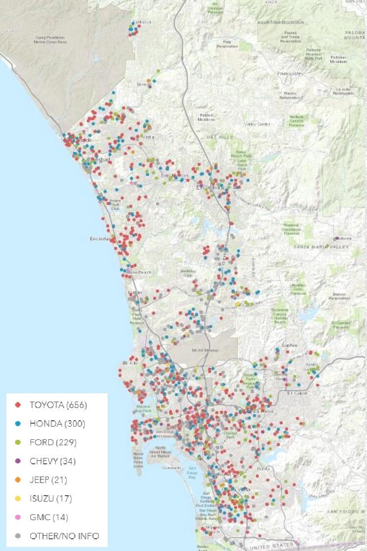 Map of San Diego County showing catalytic converter thefts by car type.