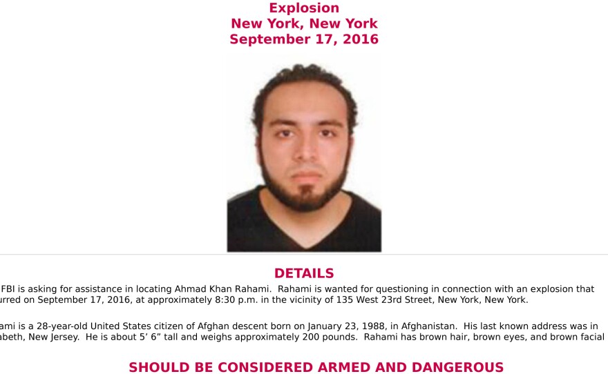 The FBI released a poster seeking help in apprehending Ahmad Khan Rahami, 28, in connection to the bomb that exploded in New York City's Chelsea neighborhood Saturday.