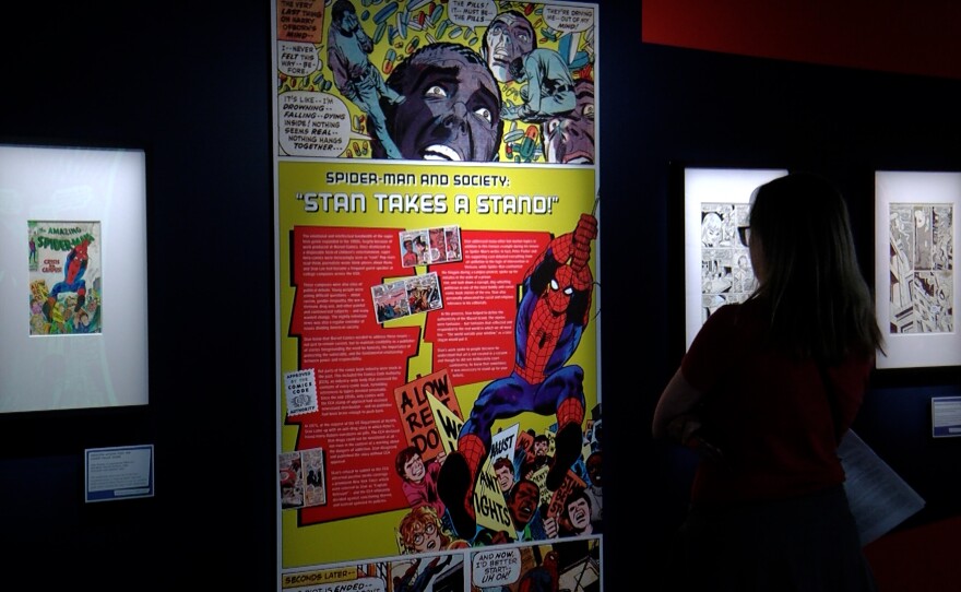 Spider-Man: Beyond Amazing - The Exhibition reminds visitors of the social context in which some of the "Spider-Man" comics came out and how Stan Lee took a stand against racism and depicted student protests in storylines.