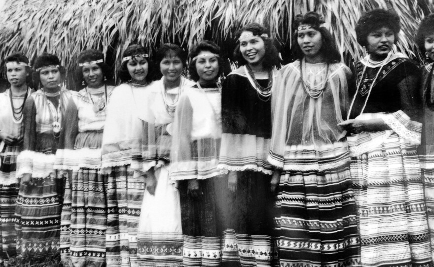 Earlier contestants from the 1960's for the title of Miss Florida Seminole Princess. The dresses have gotten flashier, but traditional cotton patchwork remains an important category in all patchwork competitions.