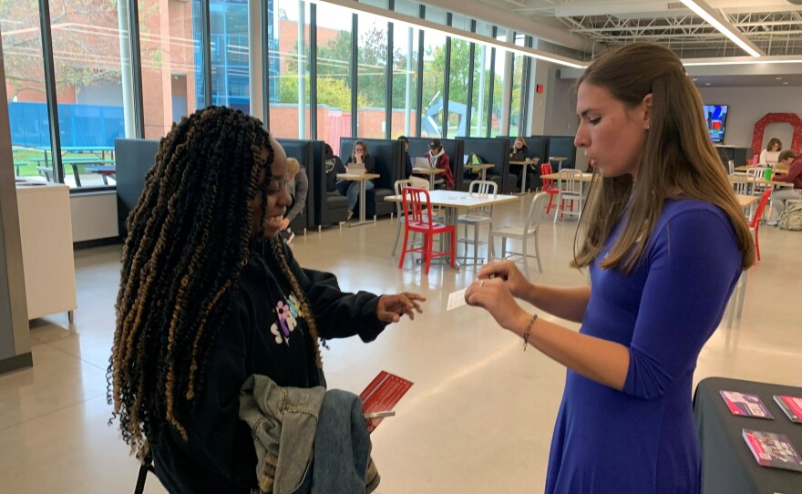 Nursing student Ariana Allen, left, talks with Allison Stump, Students for Life Coordinator with Catholic Charities Diocese of Toledo, about Issue 1, on the Lima campus of The Ohio State University.