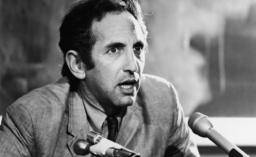 Daniel Ellsberg, pictured speaking at a news conference, leaked the Pentagon Papers to <em>The New York Times</em> and <em>The Washington Post</em>. He was eventually arrested and became the first person in the United States to be prosecuted under the Espionage Act.