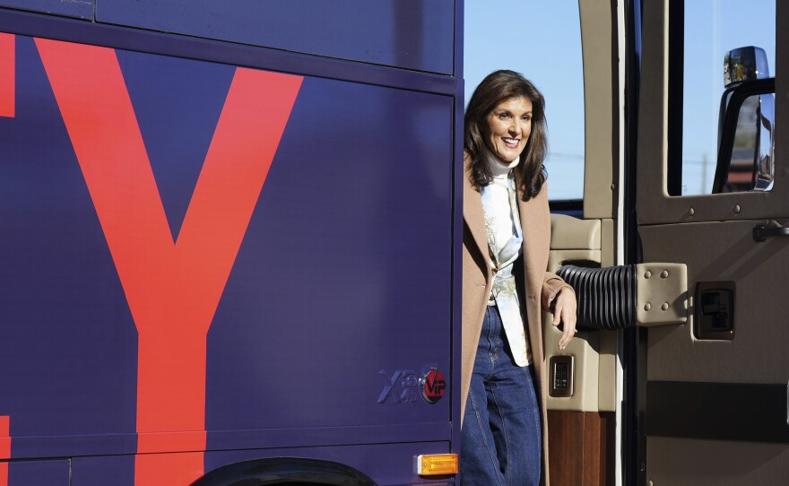 "It's a great day in South Carolina when I can come home," Nikki Haley delivered her signature line with a hometown twist to supporters. Republican presidential candidate and former UN Ambassador Haley steps off of her campaign bus ahead of an event on Feb. 13 in her hometown of Bamberg, S.C.