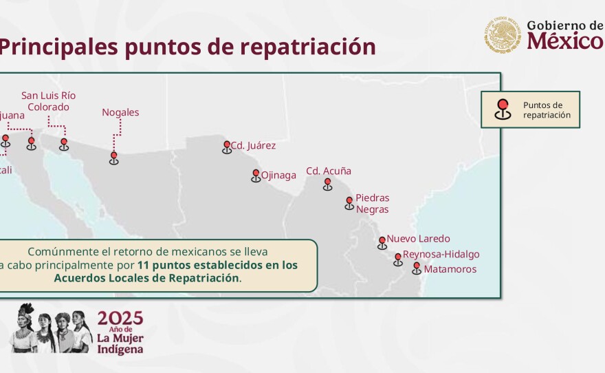 A map shows the locations of shelters set up by the Mexican government along the border to house deportees.