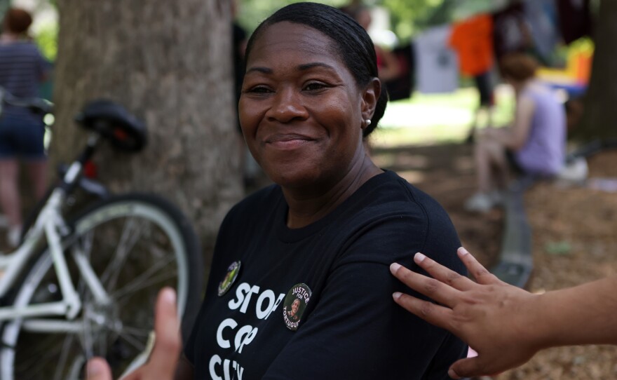 Rev. Keyanna Jones, an organizer with Community Movement Builders and the Faith Coalition to Stop Cop City, attends a gathering in opposition to the Atlanta Public Safety Training Center on June 24.