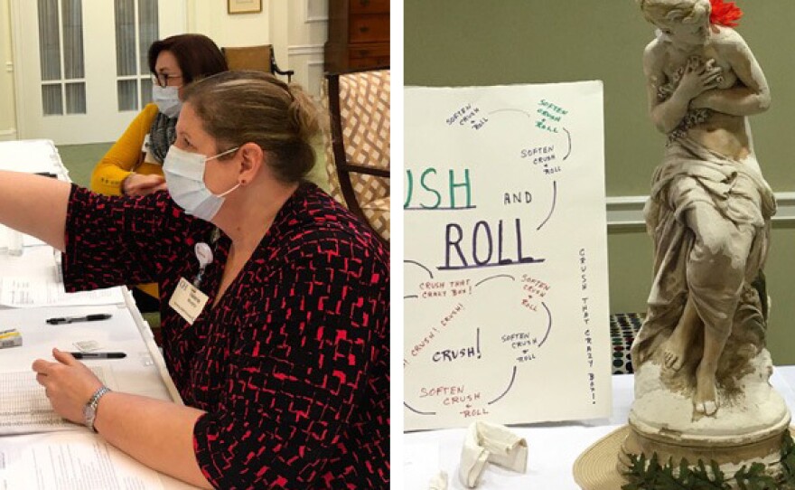 Left: A staff member has her temperature taken upon arrival at the Goodwin House in Bailey's Crossroads, Va. on March 16. Right: Reminders about safety protocols on April 1.