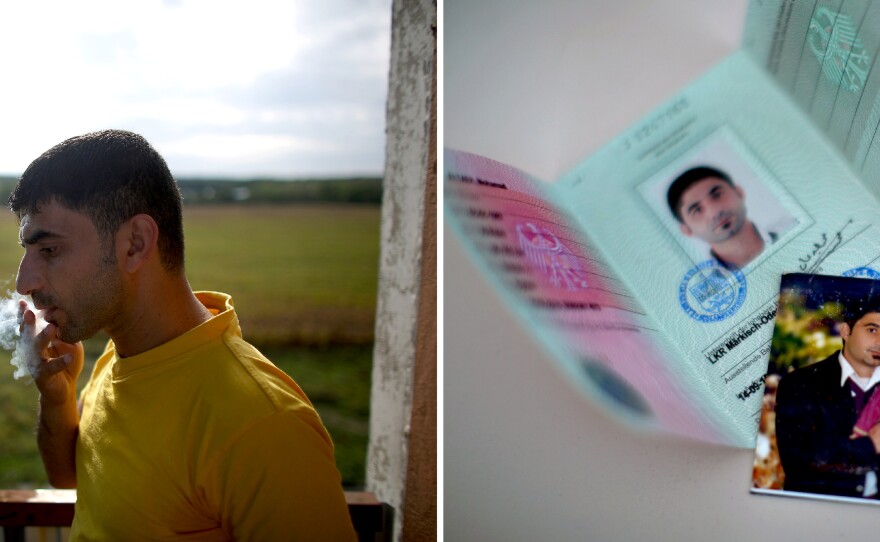 Mohammed Eh'tai, a recent refugee from Syria, smokes a cigarette on his deck, overlooking a corn field in the town of New Hardenberg. Eh'tai had to flee Syria, leaving behind his wife and 2-year-old daughter.