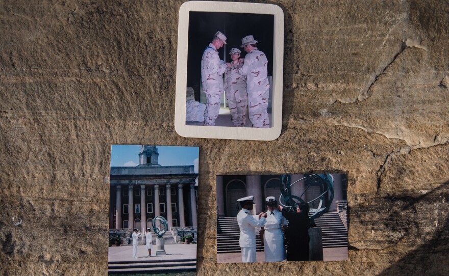 Lyla Kohistany's photos (top) of her being promoted to lieutenant in Afghanistan in 2005 during her first deployment, (left) Kohistany's commissioning ceremony where she was sworn in as an officer at Penn State University in 2001 and (right) Kohistany's commissioning ceremony at Penn State University in 2001 where her mom and brother put on her shoulder boards rank on her shirt.