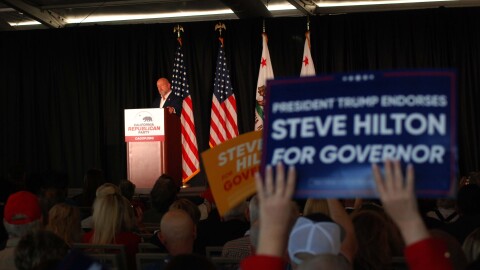 Republican gubernatorial candidate Steve Hilton speaking at the candidate forum at the California Republican Party Convention at the Sheraton Hotel in San Diego, April 11, 2026.