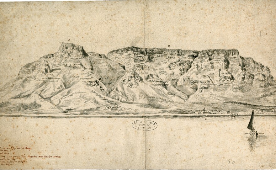 Table Mountain, c. 1700, likely drawn by a Dutch artist on a ship moored off Robben Island. The notes, written in Dutch, read, "View from a ship in front of the Cape of Good Hope. A. The Devil's mountain, B. Table Mountain has been found after measurement to be more than 1800 feet high, C. The Dutch fort, D. A pier where small craft may moor up." Courtesy of the National Library of South Africa.