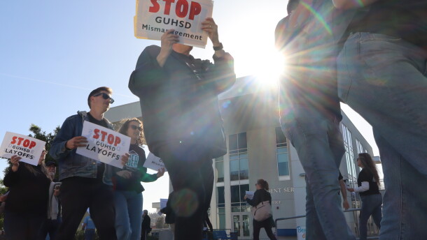 Students, staff and other community members protest at Grossmont High School before the Grossmont Union High School District's board meeting on Thursday, April 24, 2025.