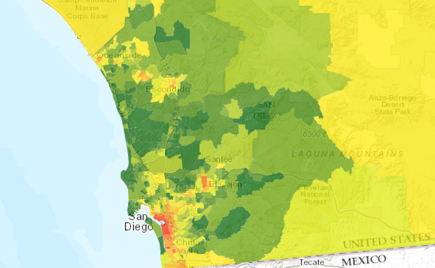 A map from CalEnviroScreen shows areas in green where San Diego County's air quality is relatively good. Areas in red, including the South Bay, have higher levels of pollution.