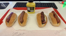 Hot dogs from a microwave, slow cooker, air fryer, and grill in Studio 45 at NPR headquarters.