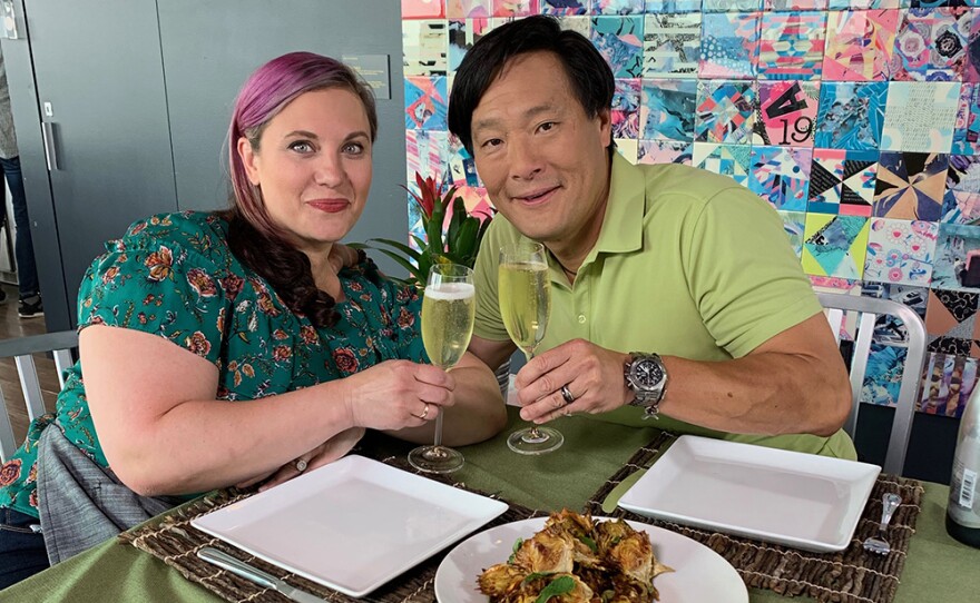 Ming Tsai (right) cooks with James Beard Award winning chef Karen Akunowicz.