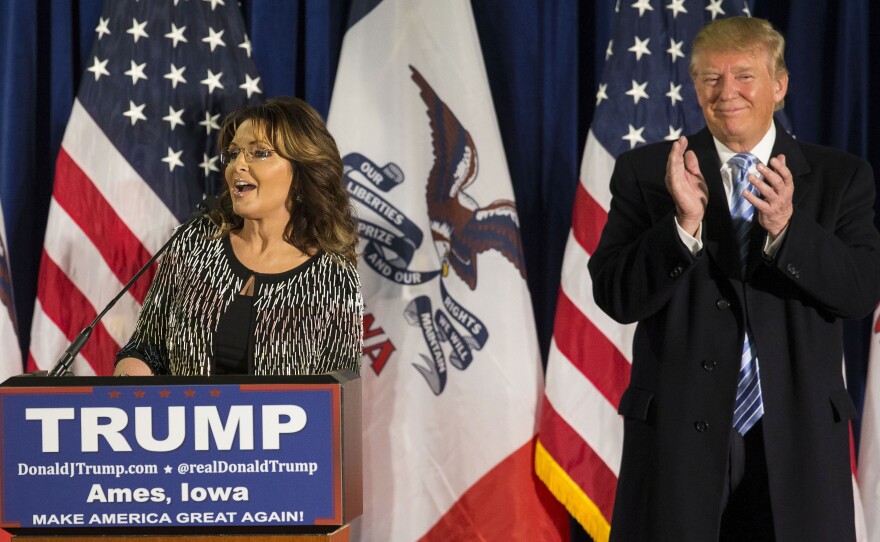 Former Alaska Gov. Sarah Palin announces her endorsement of Republican presidential candidate Donald Trump in Ames, Iowa, on Tuesday.